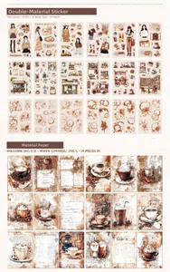 Detail view of 90x132mm vintage coffee themed PET stickers and white kraft material paper