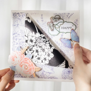 Floral scrapbooking paper with butterflies and vintage botanical motifs for DIY art journaling