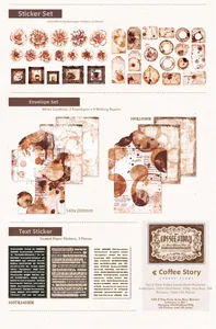 Detail of vintage Coffee Story scrapbook kit with stickers, envelopes and metal storage tin