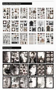 Detail of vintage steampunk stationery set with PET stickers and decorative material paper