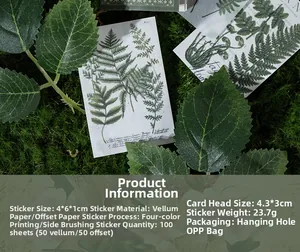 Detail showing vintage botanical stickers with sulfuric and offset paper on moss background