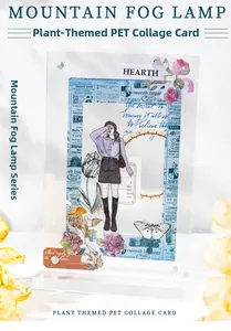 Detail of PET collage card with vintage girl and butterfly icons on acrylic stand