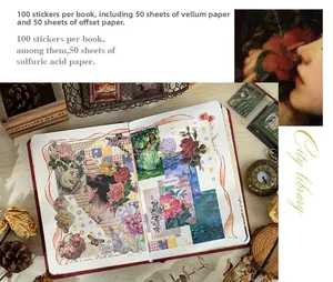 Detail of vintage library stickers with floral and art motifs on retro paper