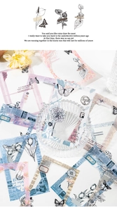 Detail of vintage PET scrapbook stickers with floral patterns and aesthetic frames