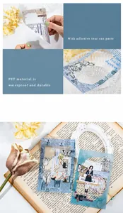 Detailed view of waterproof PET collage stickers with vintage botanical and figure patterns