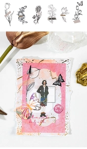 Detail of floral PET stickers and pink collage card with butterflies and gold texture