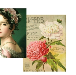 Detail of vintage scrapbook material with classic portrait and 1902 floral illustration