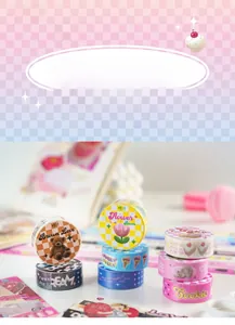 Macro detail of cute washi tape set featuring teddy bears, flowers, and sweet desserts