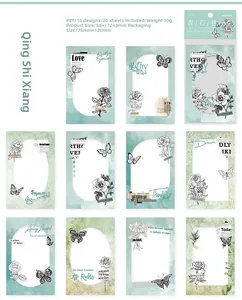 Detailed view of Qing-Shi-Xiang vintage PET stickers with teal floral and butterfly motifs