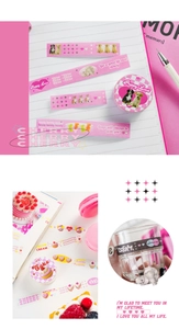 Close-up of pink heart-themed washi tape with cute puppies and dessert patterns