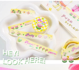 Close-up of floral washi tape set on flower tray with heart and tulip patterns