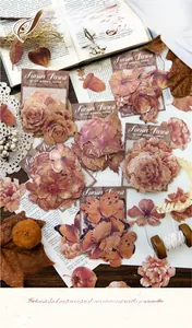 Close-up of vintage forest stickers featuring roses and butterflies on aged paper decor