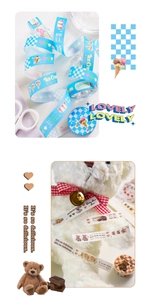 Detail view of cute cartoon washi tape with teddy bear and ice cream patterns for scrapbooking