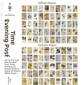 Infographic showing vintage newspaper scrapbooking paper specs and 100 sheets textures