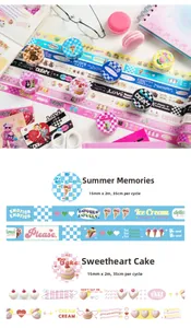 Detail showing 15mm width washi tape set with summer dessert and colorful plaid patterns