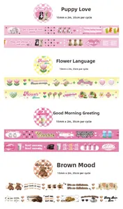 Detail view of four cute 15mm washi tape rolls with pets, flowers, and food patterns