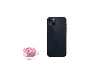 Close-up of 40mm pink plaid washi tape roll next to a phone for scale comparison