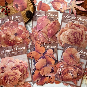 Retro Sunset Forest sticker pack with nature patterns of deer, leaves, and roses