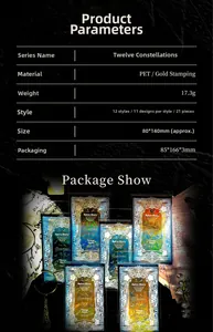 Detail showing PET zodiac stickers with gold stamping and package specifications