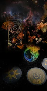 Close-up of vintage astronomy stickers featuring gold foil stamping and celestial motifs