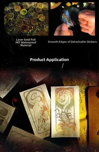 Detail of waterproof PET zodiac stickers with laser gold stamping and holographic finish