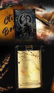Detailed gold foil constellation sticker with starry goddess artwork on vintage background