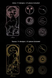 Detailed view of zodiac PET stickers with gold foil Aries and Taurus patterns