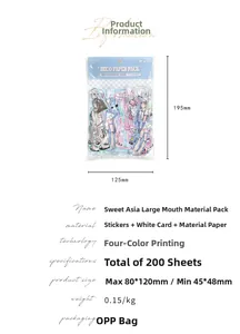 Detailed specs for 200pcs anime character scrapbooking stickers with 195x125mm packaging size