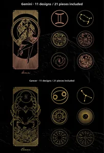 Detail of gold foil Gemini and Cancer zodiac stickers with astrology symbols on black background
