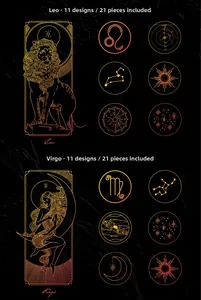 Detail of gold foil Leo and Virgo PET stickers with celestial and star sign motifs