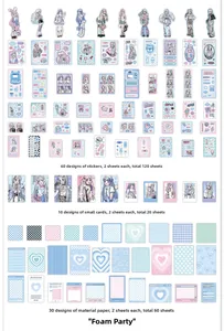 Flat lay display of 200pcs aesthetic scrapbooking supplies with stickers and background paper