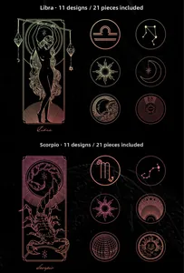 Detailed PET stickers featuring Libra and Scorpio gold foil zodiac patterns for journals
