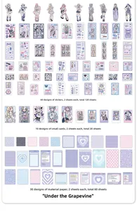 Detail list of 200pcs purple DIY scrapbook kit with stickers and polaroid cards