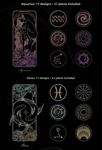Macro detail of gold foil zodiac stickers featuring Aquarius and Pisces line art