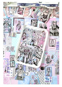 Detail view of pink and blue anime girl stickers set for DIY scrapbook decoration