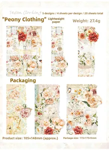 Dettaglio degli adesivi per scrapbooking con fiori vintage e specifiche di dimensioni