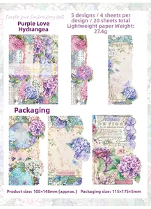 Dettaglio di 20 fogli di carta scrapbooking vintage con ortensie viola per decorazione
