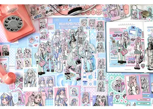 Flat lay of 200 sheets retro anime girl stickers and decorative stationery paper set