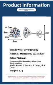 Detailed size specifications for S925 sterling silver three-prong moissanite stud earrings
