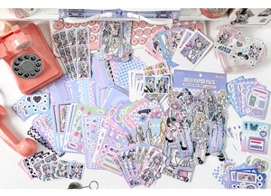 Detailed view of 40 decorative stickers in pink and purple style for DIY scrapbooking