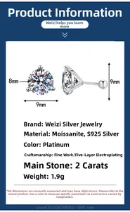 Detailed specs of S925 sterling silver 2ct moissanite 3-prong stud earrings in platinum