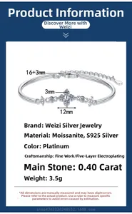 Detailed view of S925 sterling silver four-leaf clover bracelet with 40pt moissanite stone