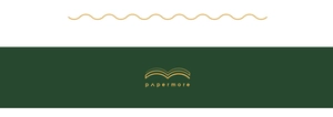 Minimalist Papermore brand logo banner with gold wave line on dark green backdrop
