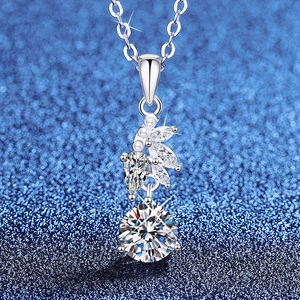 Leaf Moissanite Pendant Necklace 925 Sterling Silver With Shell Artificial Pearl Marquise Round Brilliant Cut Elegant Women Jewelry