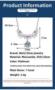 Detailed spec view of S925 silver 1ct moissanite necklace showing 24mm x 21mm pendant size