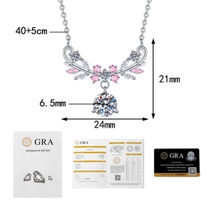 Detail view of 1ct Moissanite necklace with floral leaf pendant and GRA certificates