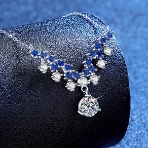 S925 Sterling Silver V-Shape Necklace with Round Moissanite Pendant and Blue Gemstones