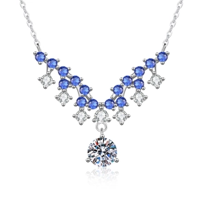 S925 sterling silver necklace with blue and white moissanite stones on white background