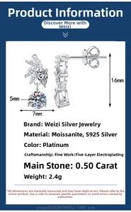 Boucles d'oreilles en argent S925 et moissanite en forme de feuille, hauteur 16mm