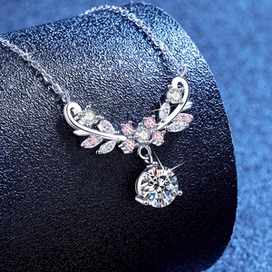 S925 silver moissanite necklace with floral pendant and sparkling pink zircon stones